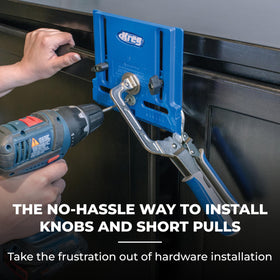 Kreg jig edge guide in use ensures accurate alignment for knobs.
