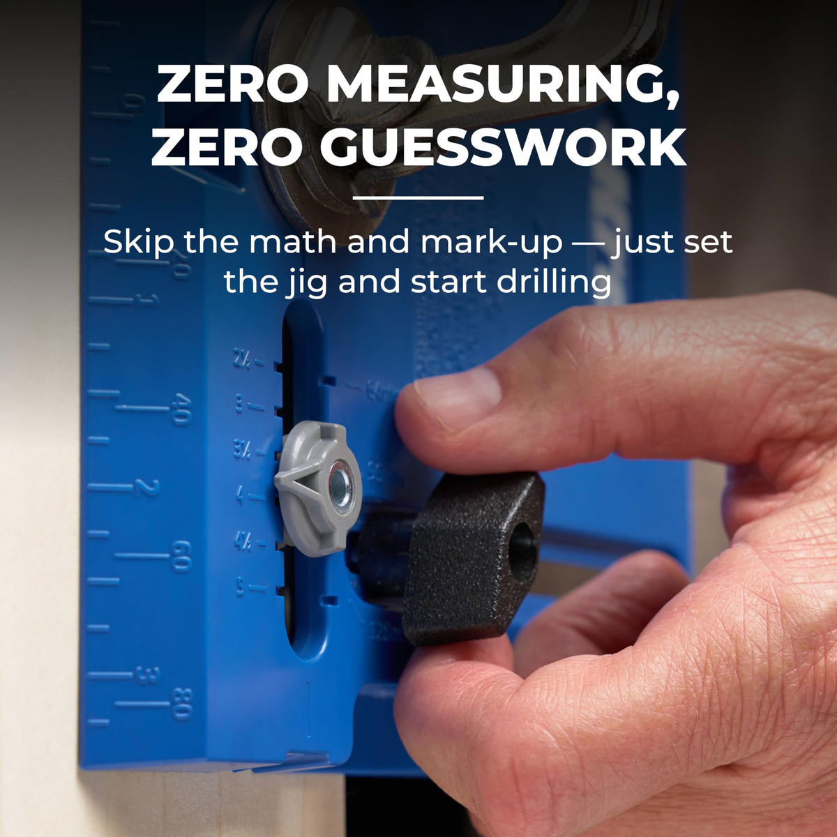 No drill press needed with Kreg cabinet jig for precise holes.