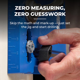 No drill press needed with Kreg cabinet jig for precise holes.