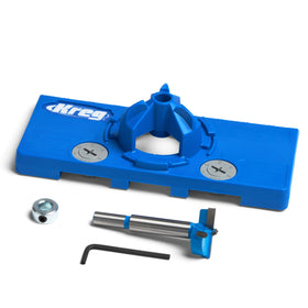Kreg Concealed Hinge Jig drills precise 35mm cup holes for European hinges.