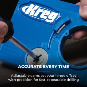 Kreg Concealed Hinge Jig enables flexible door edge spacing for layouts.