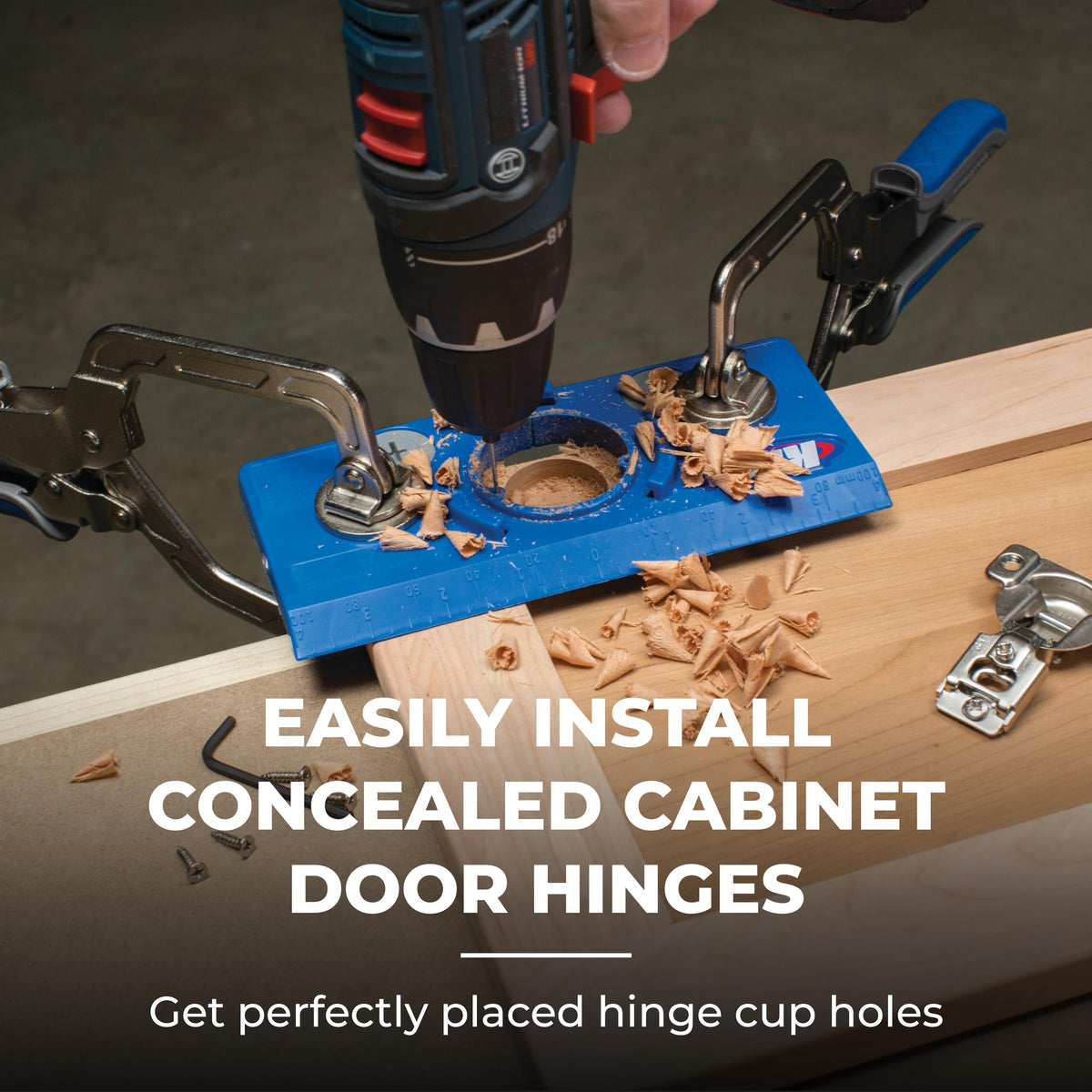 Kreg Concealed Hinge Jig with four-cutter system for accurate depth control.