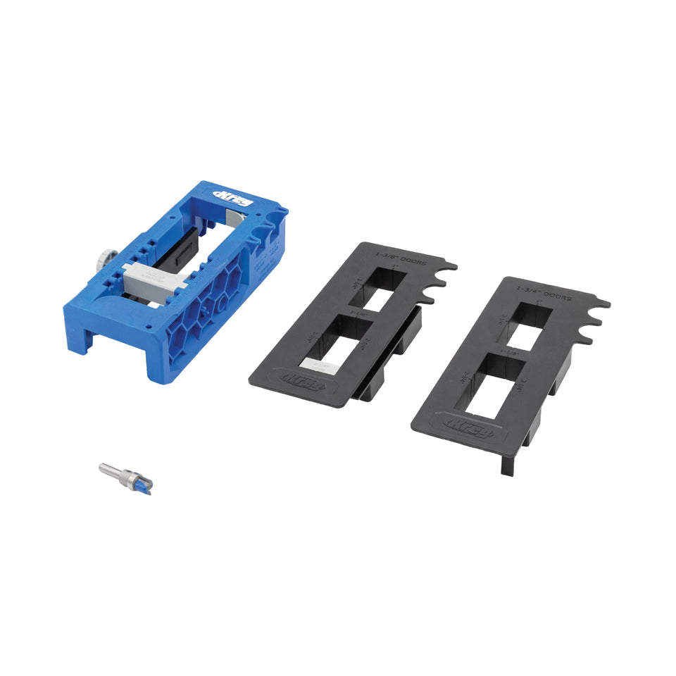 Kreg Door Hinge Routing Jig on bench ensures precise hinge mortises for clean installation