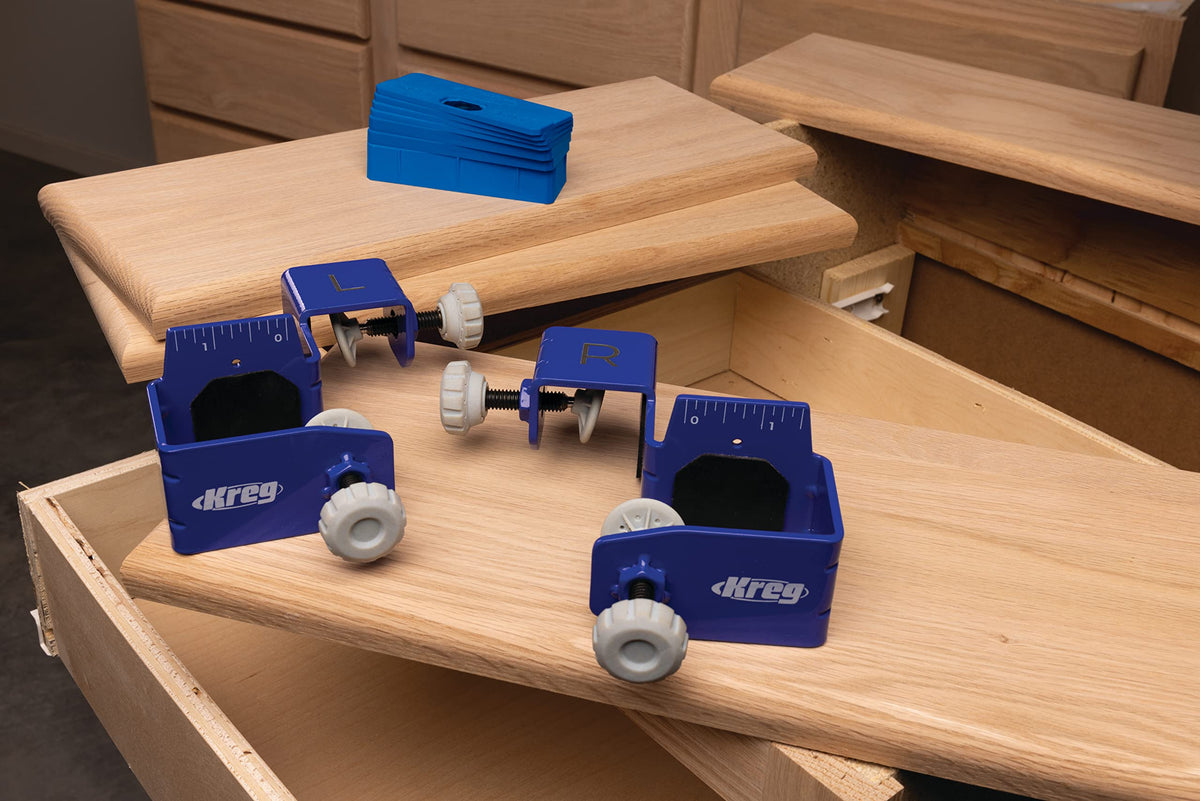 Kreg Drawer Front Mounting Pro Kit thick steel design resists flex for sturdy mounting.