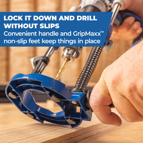 Kreg Drill Guide Pro built-in V-groove aligns the workpiece securely