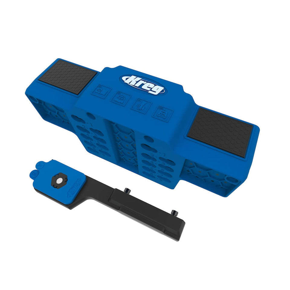 Kreg KHI-CDIJ cabinet door mounting jig setup shows precise alignment and one-handed use.