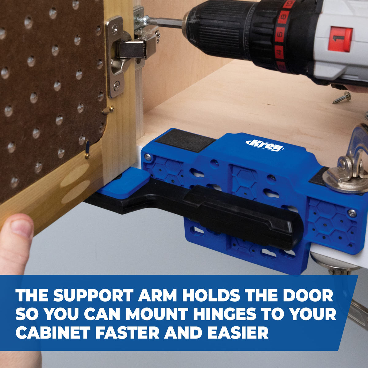 Kreg KHI-CDIJ helps secure hinges while aligning doors during installation.