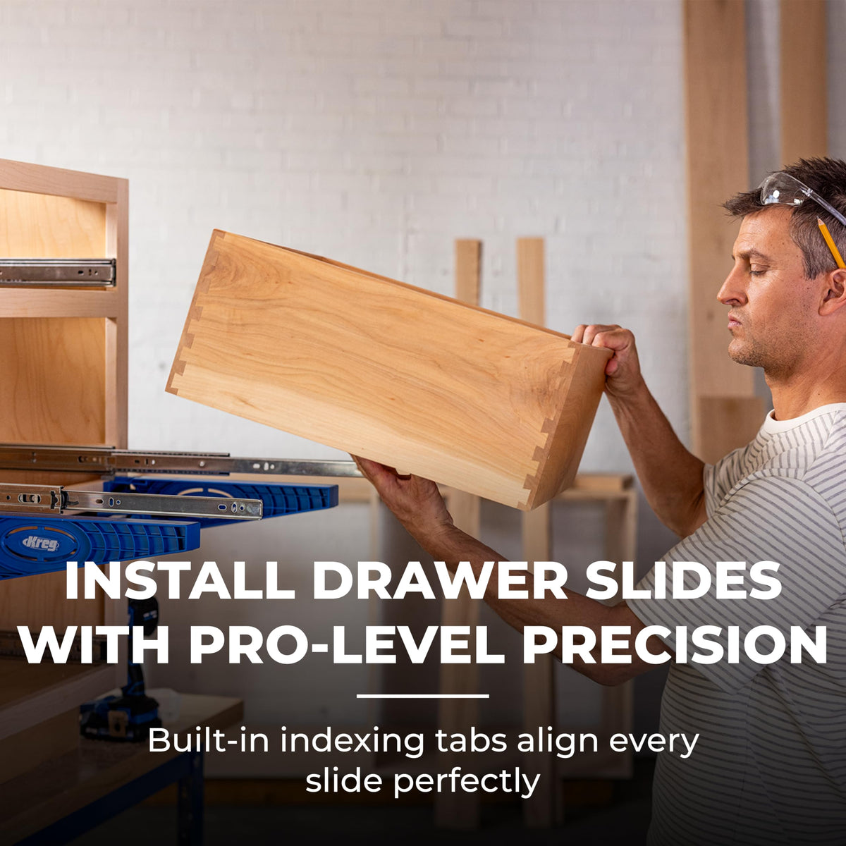 Kreg KHI-Slide with indexing tabs ensures precise alignment without extra measuring.