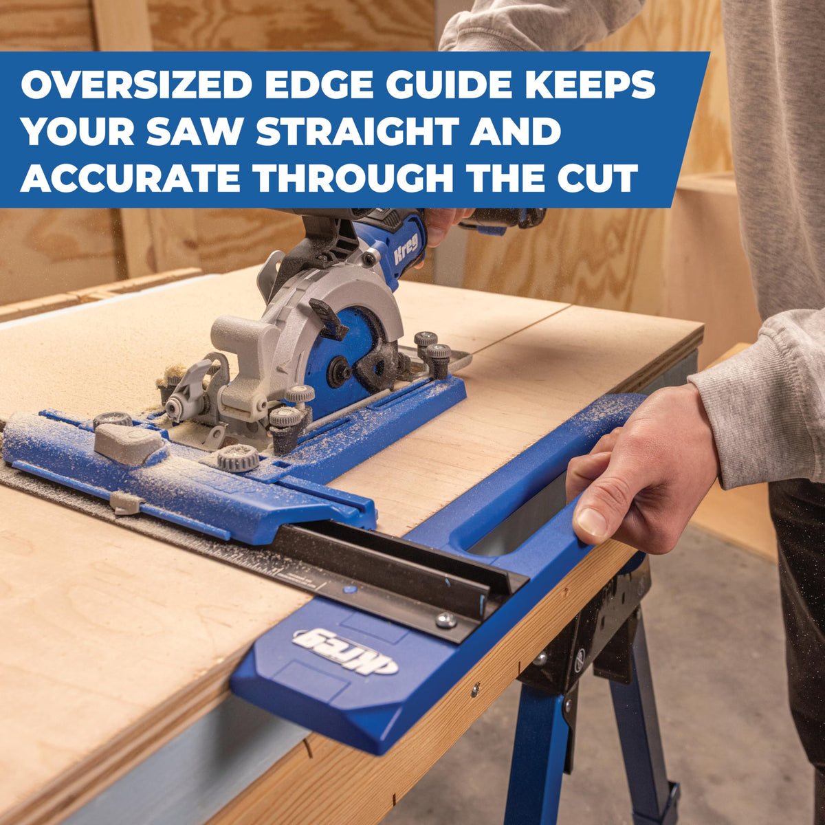 Ergonomic edge guide handle ensuring steady contact with material