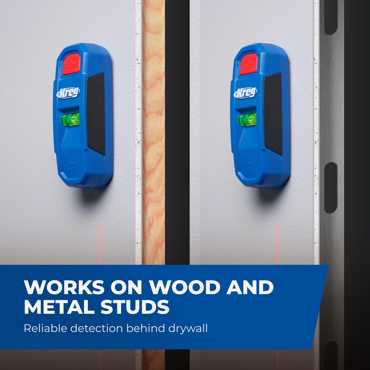 Kreg KMM1000LZ detects studs behind wood or metal surfaces with magnets.