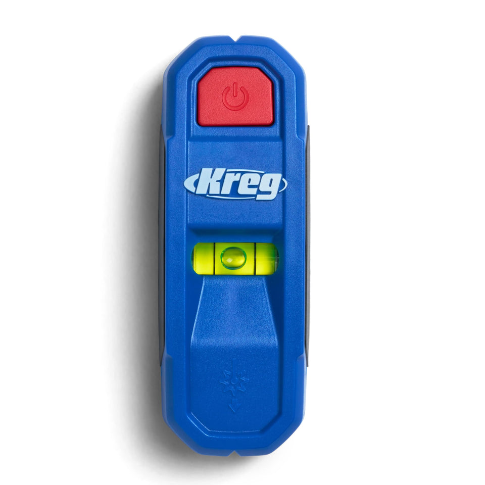 Kreg KMM1000LZ marks exact stud location with Laser-Mark on wood walls.