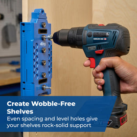 Kreg Shelf Pin Jig 5 mm edge-alignment demonstrates secure edge registration for repeatable drilling.