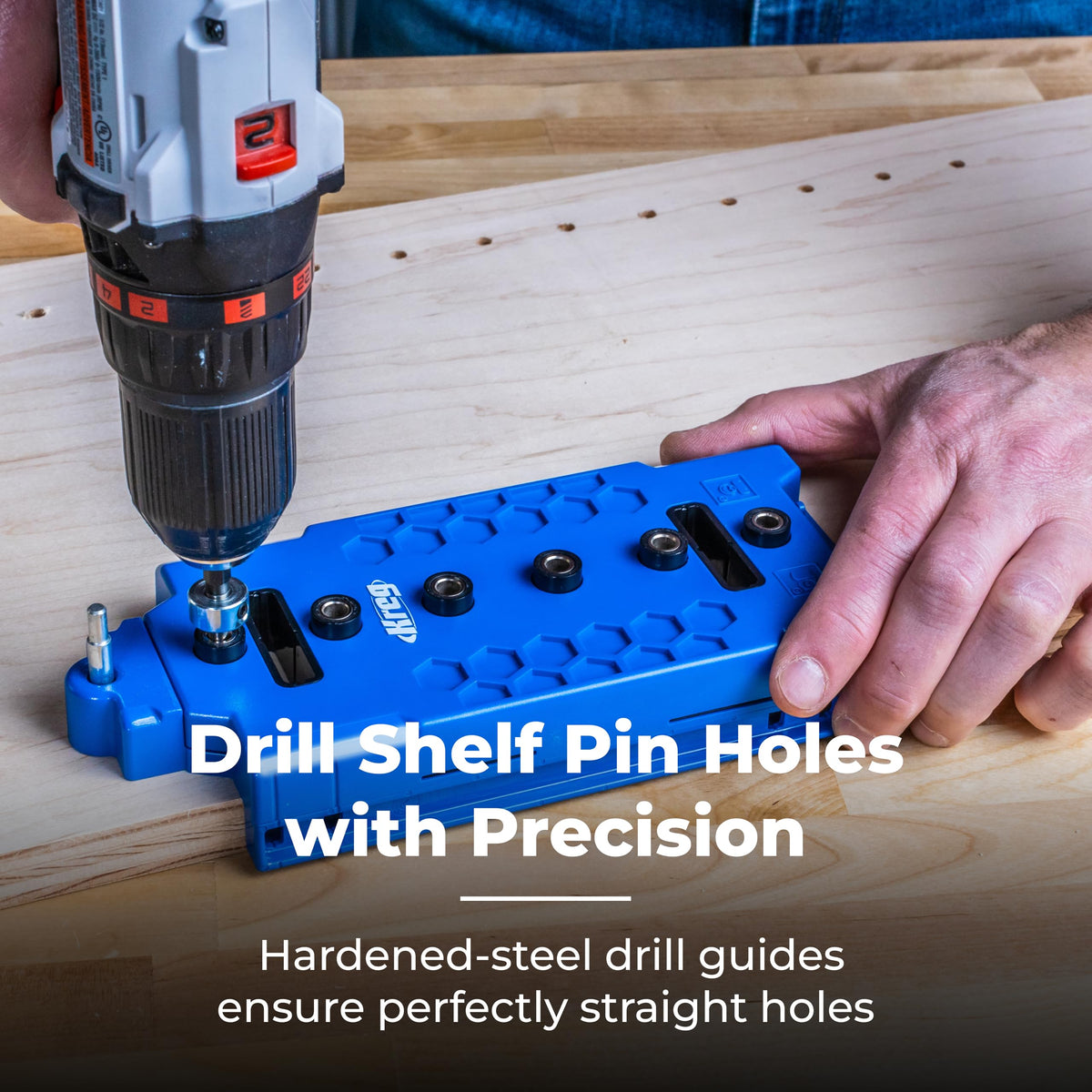 Kreg Shelf Pin Jig 5 mm side view highlights edge alignment for straight holes.