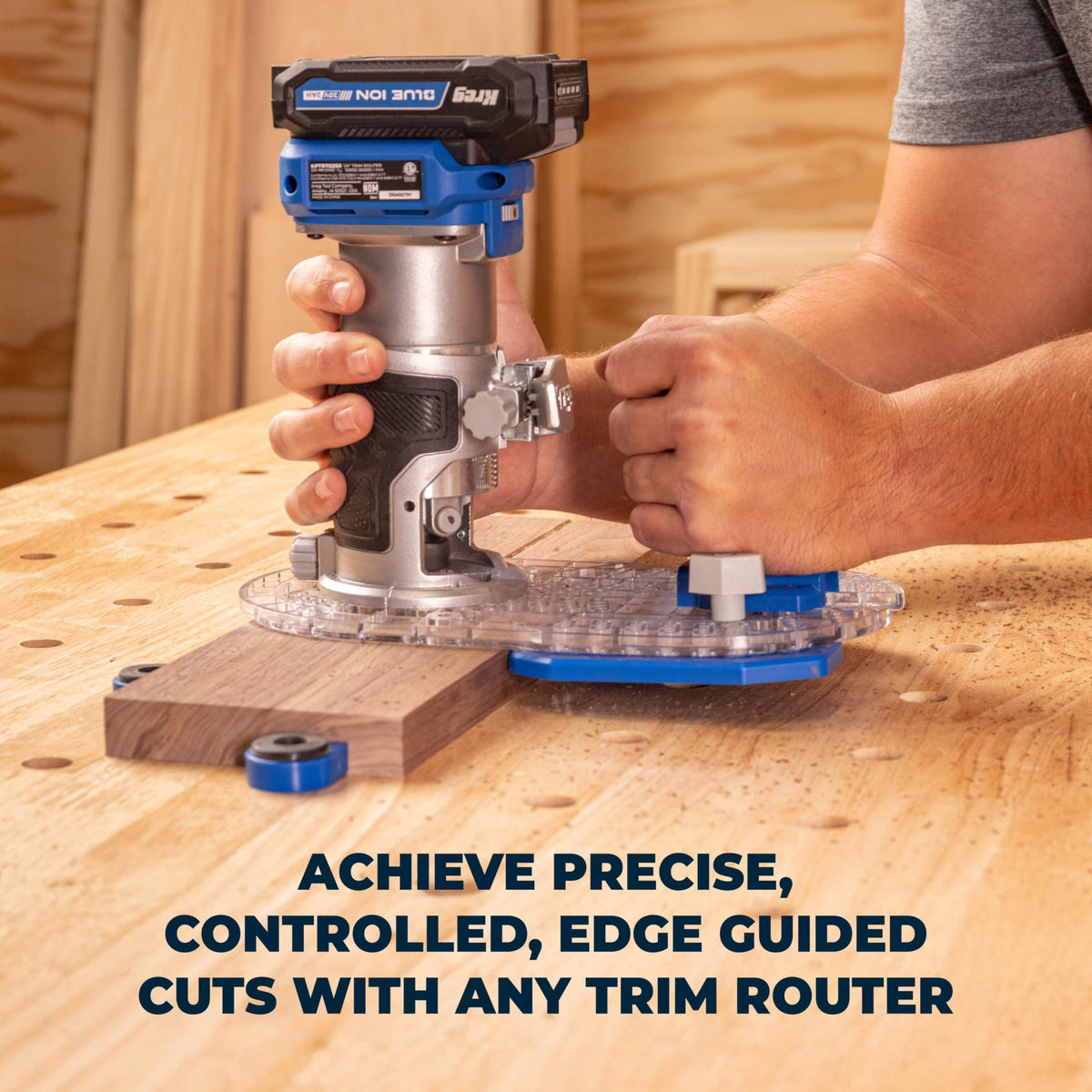 Kreg Trim Router Edge Guide aligned along edges to ensure repeatable cuts across batches