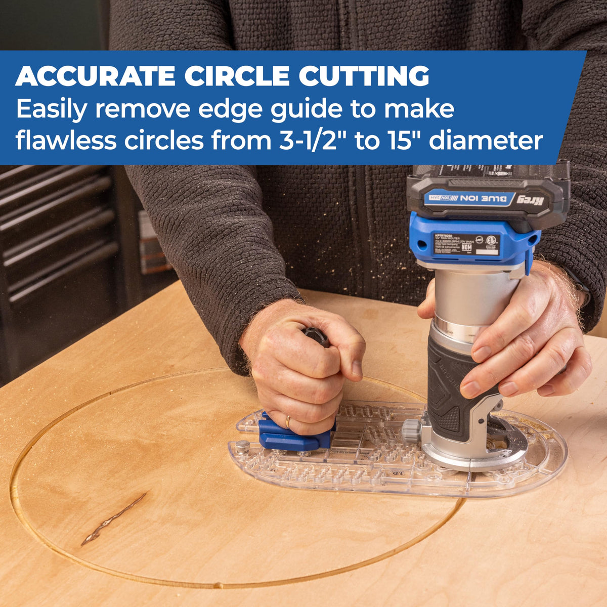 Kreg Trim Router Edge Guide enables circle cutting with guided precision