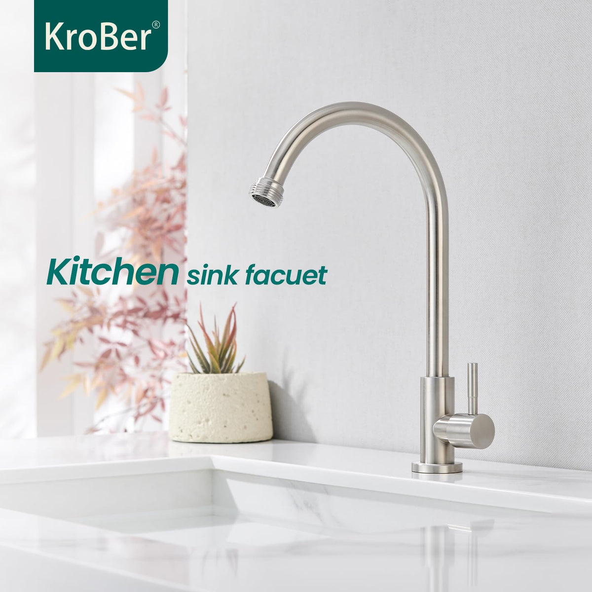 KroBer brushed nickel faucet with garden hose end for quick connections and rinsing.