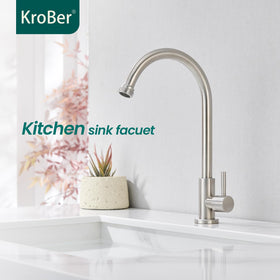 KroBer brushed nickel faucet with garden hose end for quick connections and rinsing.