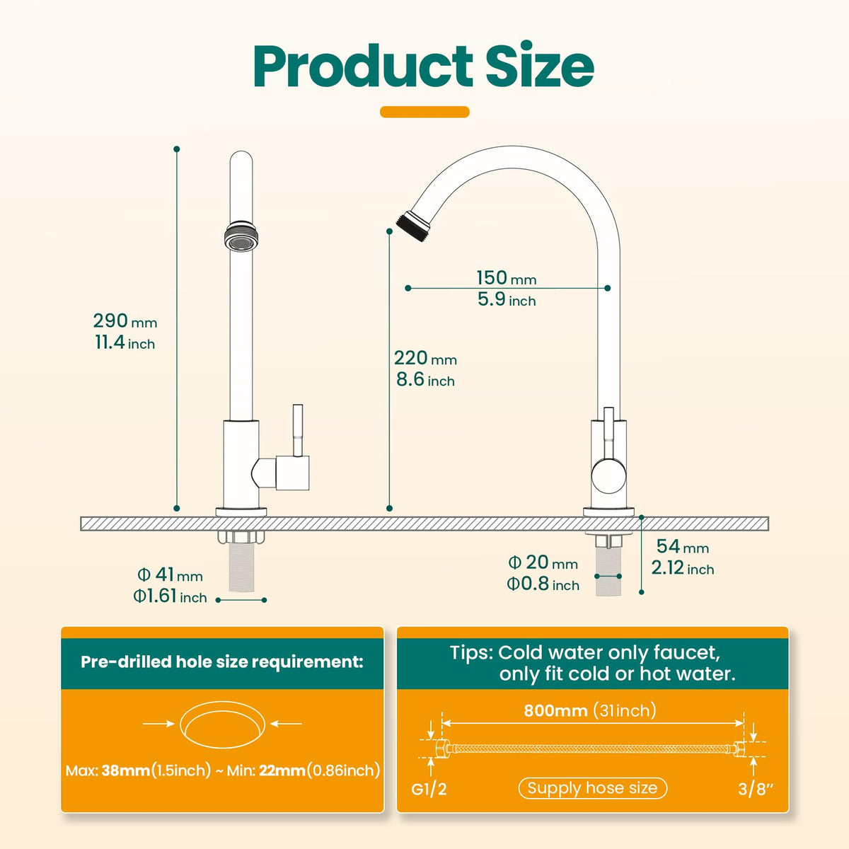 KroBer 360° swivel spout provides easy reach for utility sinks and washing tasks.