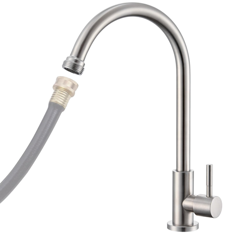 KroBer cold water faucet with brushed nickel finish for single-hole installation in laundry areas.