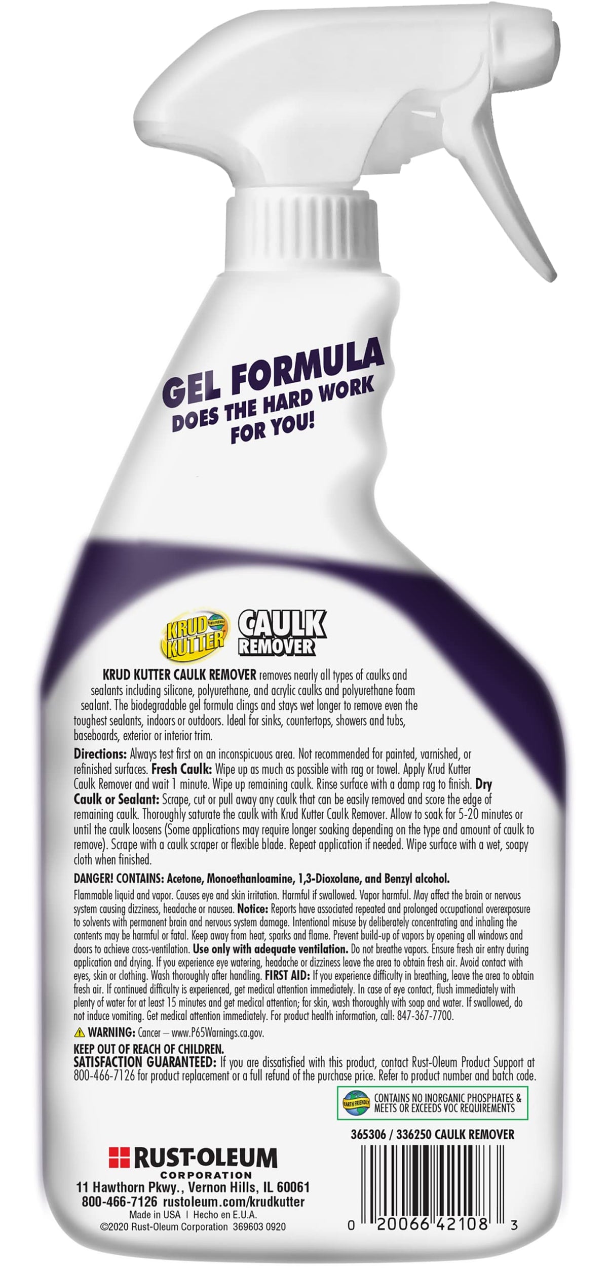 Krud Kutter Caulk Remover Spray applying to a caulk line to loosen sealant.