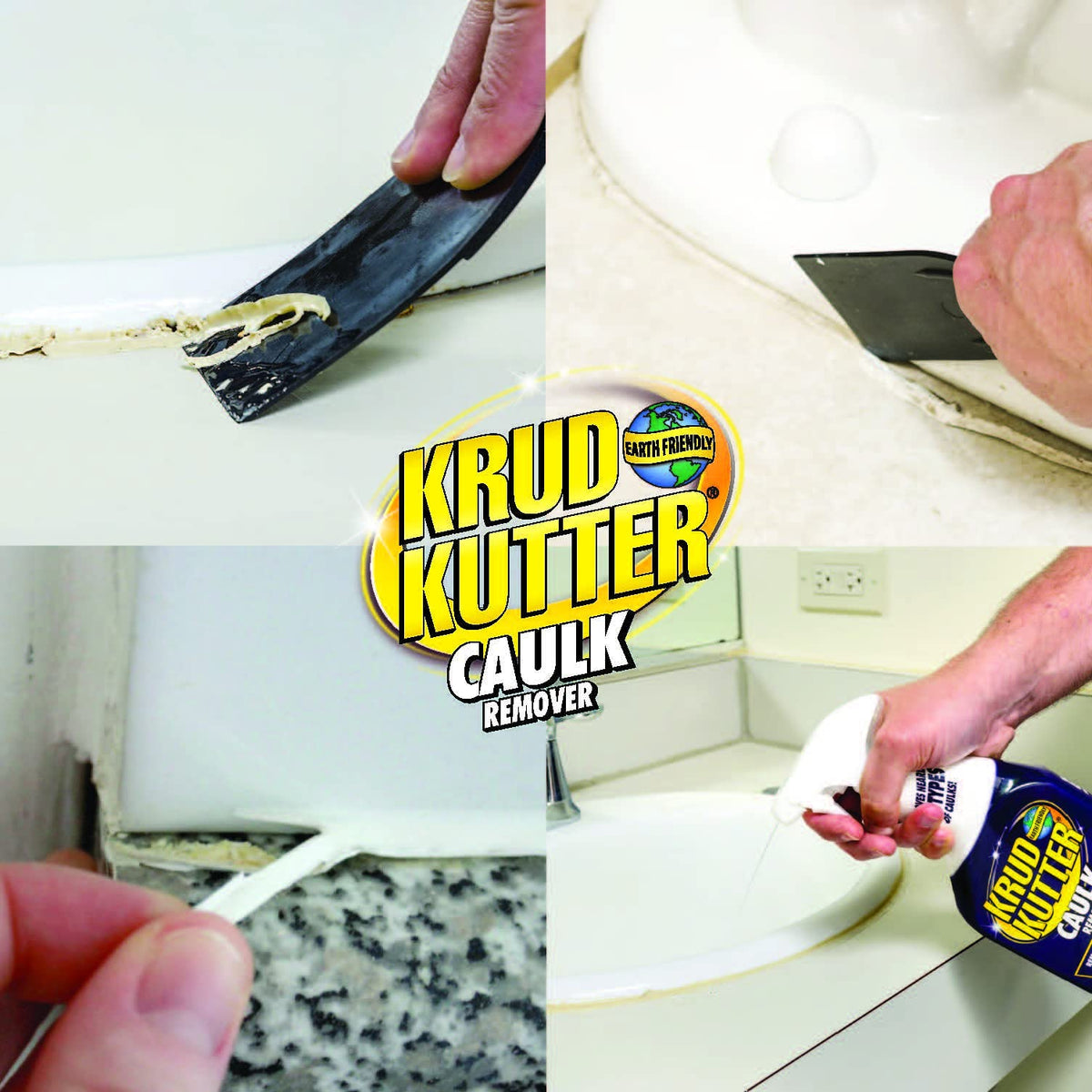 Krud Kutter Caulk Remover Spray used in bathroom projects to prep surfaces.