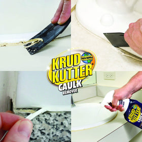 Krud Kutter Caulk Remover Spray used in bathroom projects to prep surfaces.
