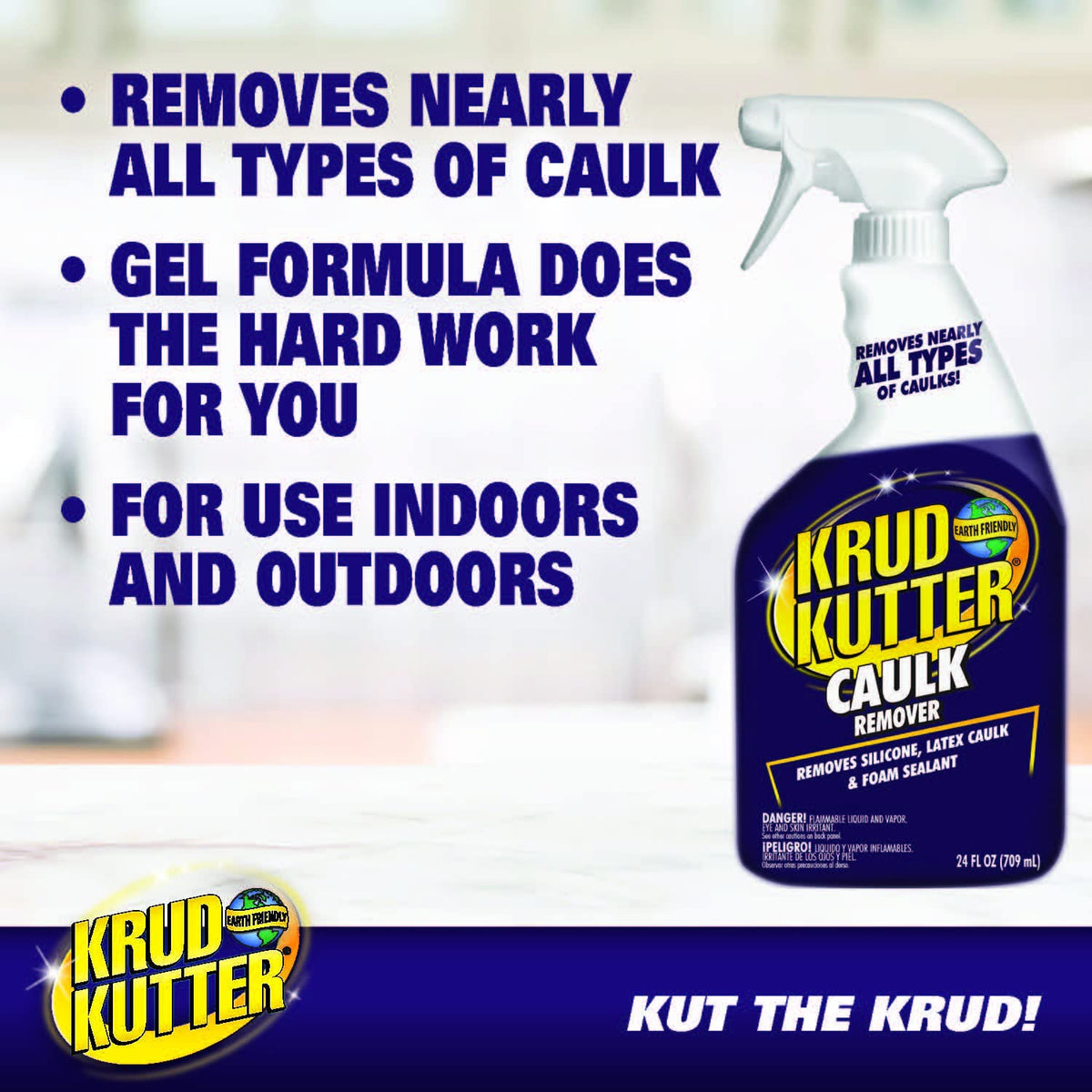 Krud Kutter Caulk Remover Spray targets caulk line for easier lift.