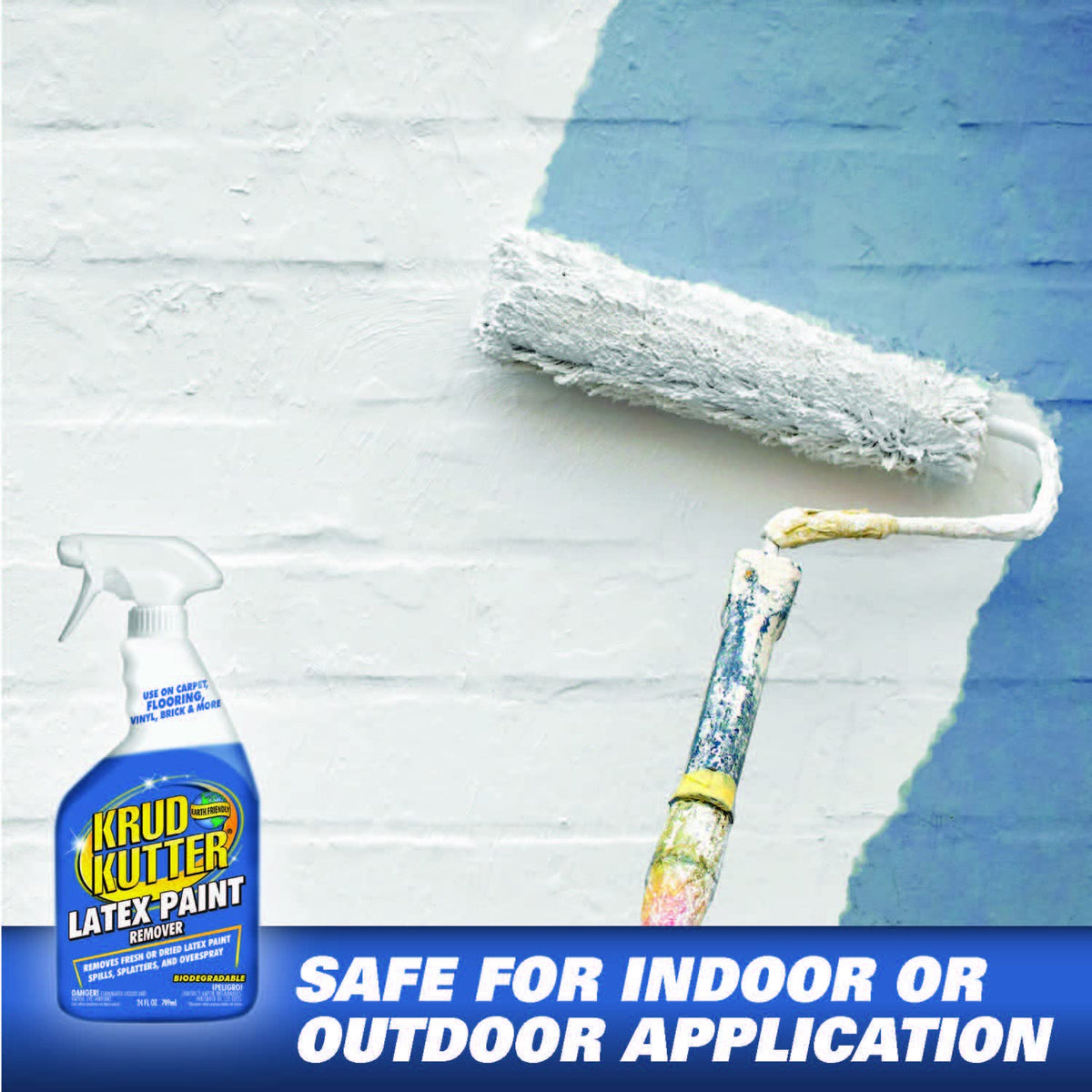 Krud Kutter Latex Paint Remover Spray being applied and wiped to remove paint.