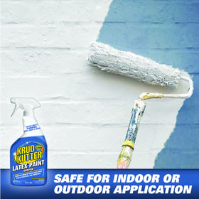 Krud Kutter Latex Paint Remover Spray being applied and wiped to remove paint.