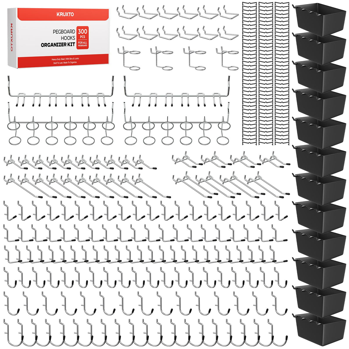 KRUXTO pegboard hooks kit with bins for organized garage tools.