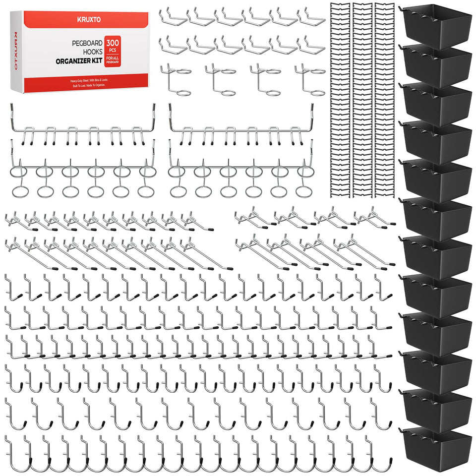 KRUXTO pegboard hooks kit with bins for organized garage tools.