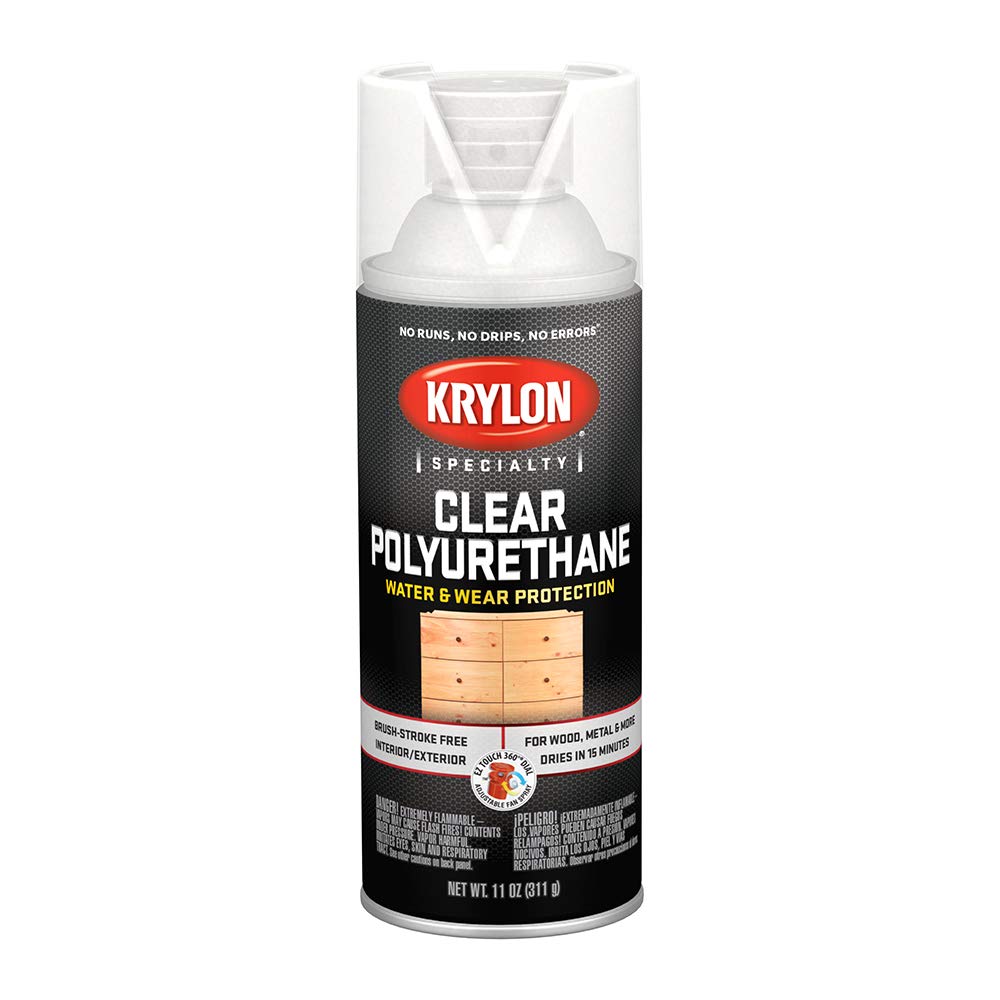 Krylon Clear Polyurethane spray coats wood furniture with a glossy protective finish.