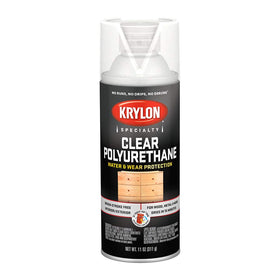 Krylon Clear Polyurethane spray coats wood furniture with a glossy protective finish.