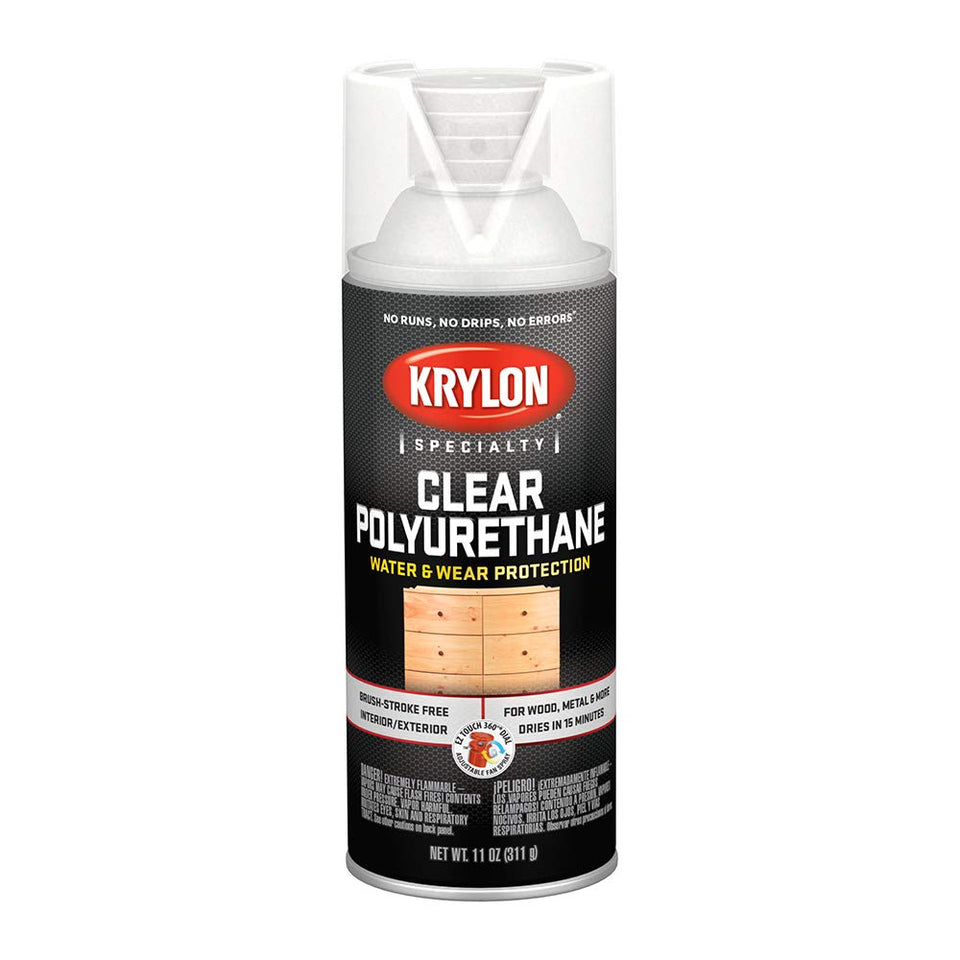 Krylon Clear Polyurethane spray coats wood furniture with a glossy protective finish.