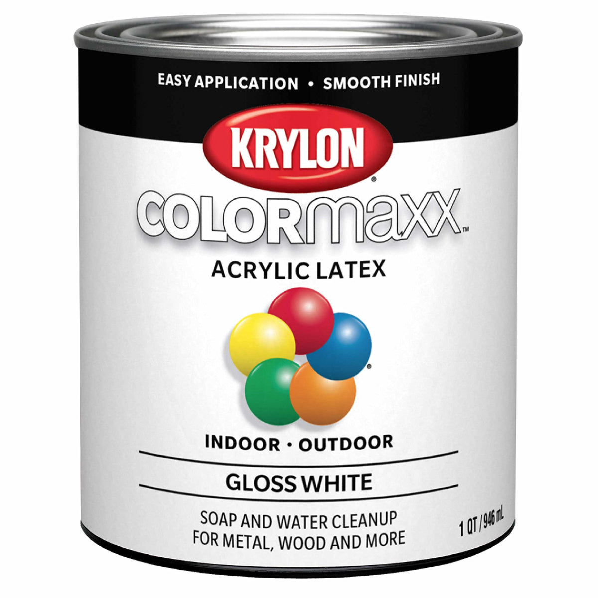 Krylon COLORmaxx brush-on gloss white paint delivers durable coverage for furniture and crafts.
