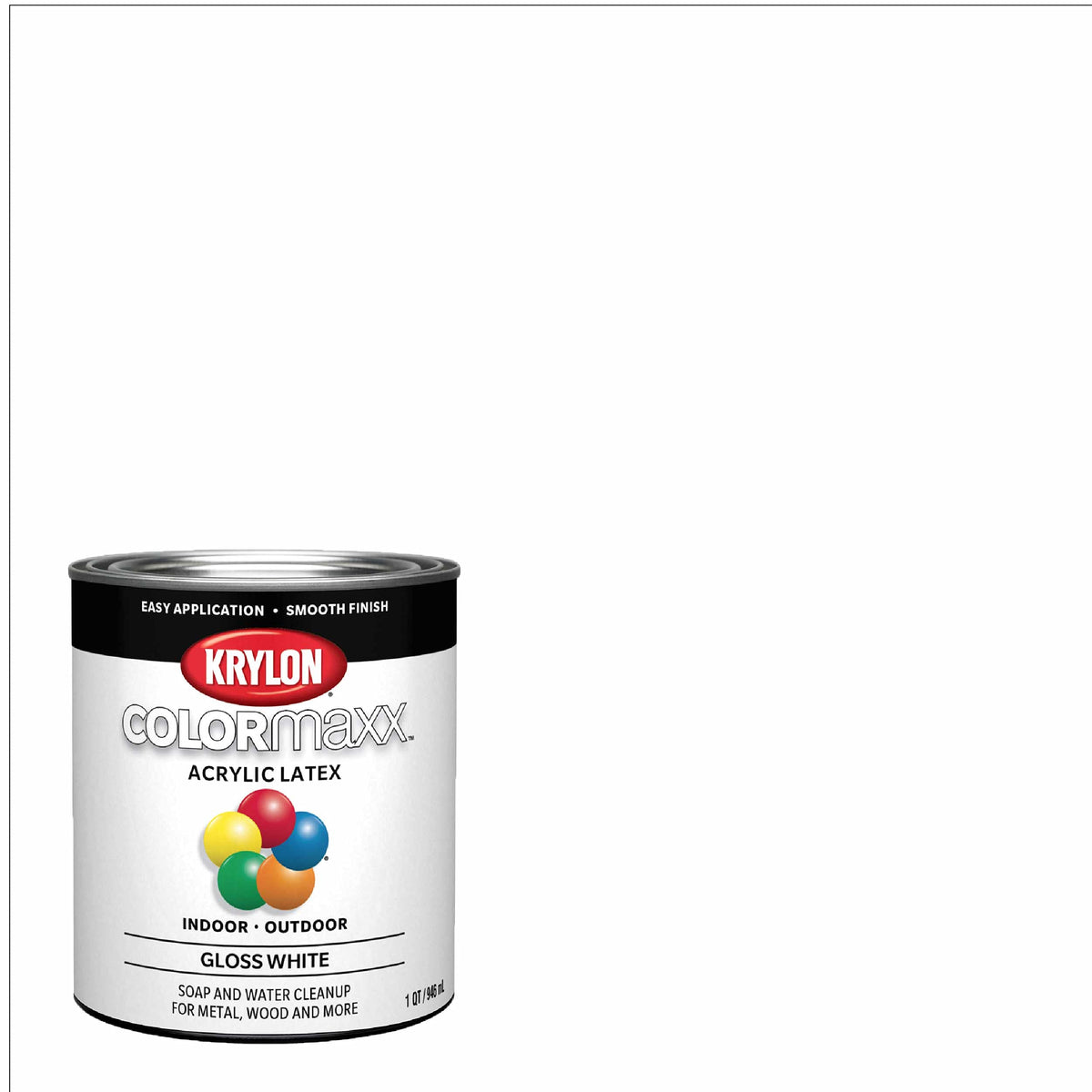 Krylon COLORmaxx gloss white brush-on paint enhances furniture with a durable, glossy finish.