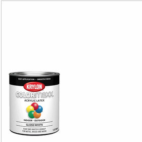 Krylon COLORmaxx gloss white brush-on paint enhances furniture with a durable, glossy finish.