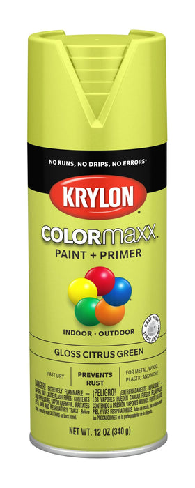 Krylon COLORmaxx Citrus Green gloss spray can for vibrant indoor-outdoor projects.