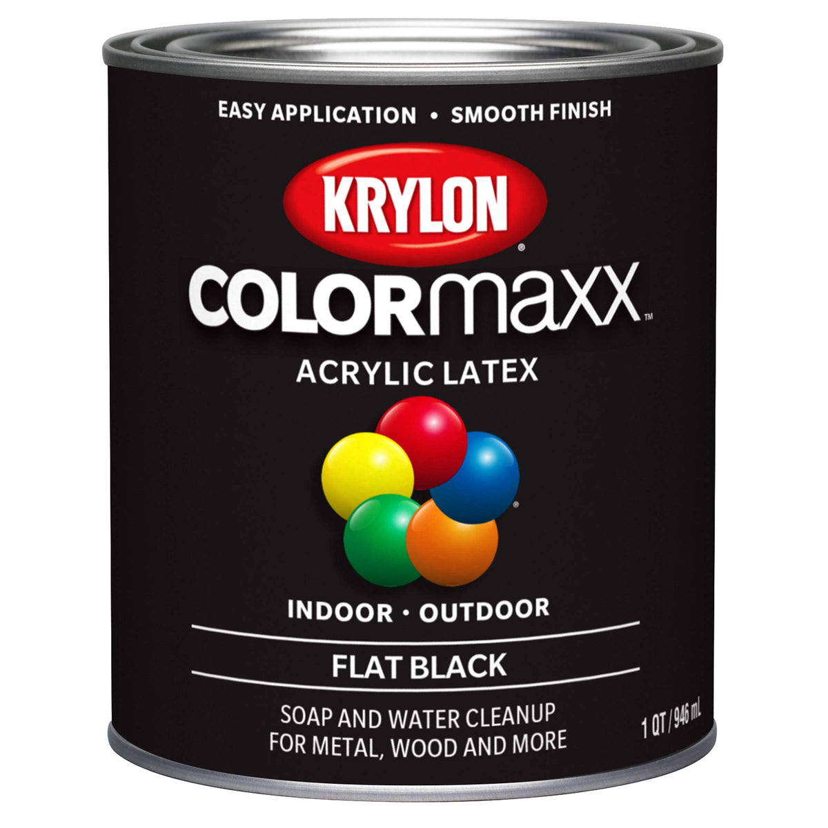 Krylon COLORmaxx flat black bottle label showing quick, durable coverage.
