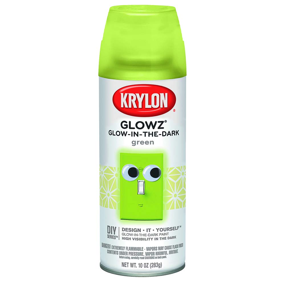 Krylon Glowz Green Glow-in-The-Dark Paint on bottle glows for nighttime visibility