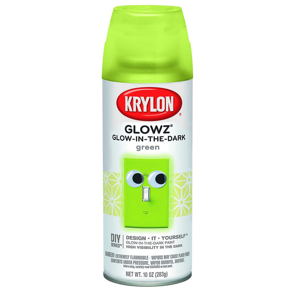 Krylon Glowz Green Glow-in-The-Dark Paint on bottle glows for nighttime visibility