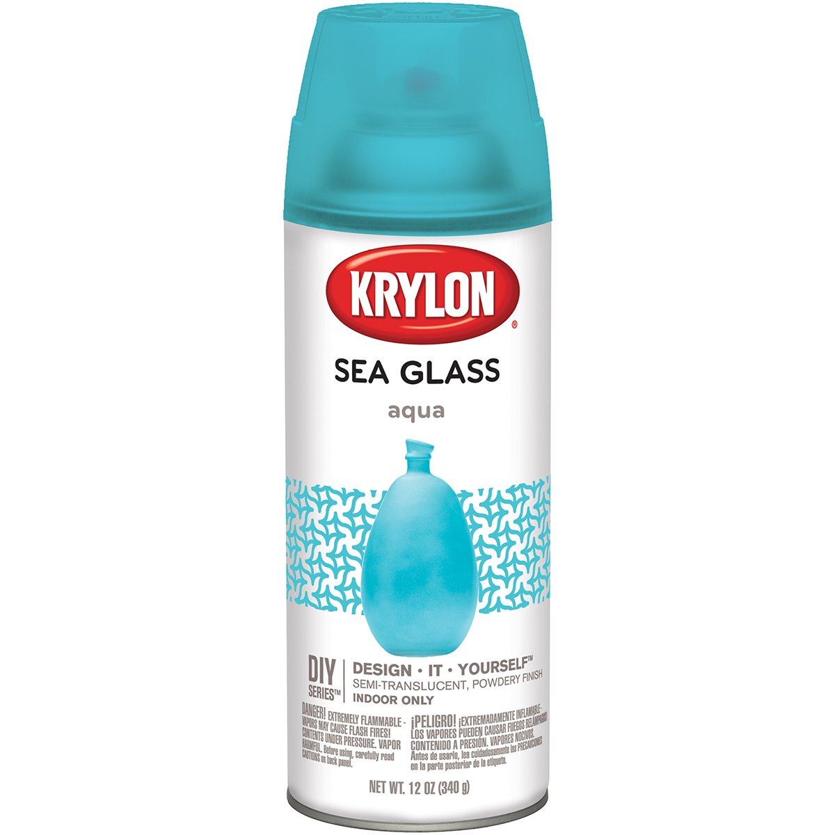 Krylon Sea Glass Aqua spray paint on glass for indoor decor.