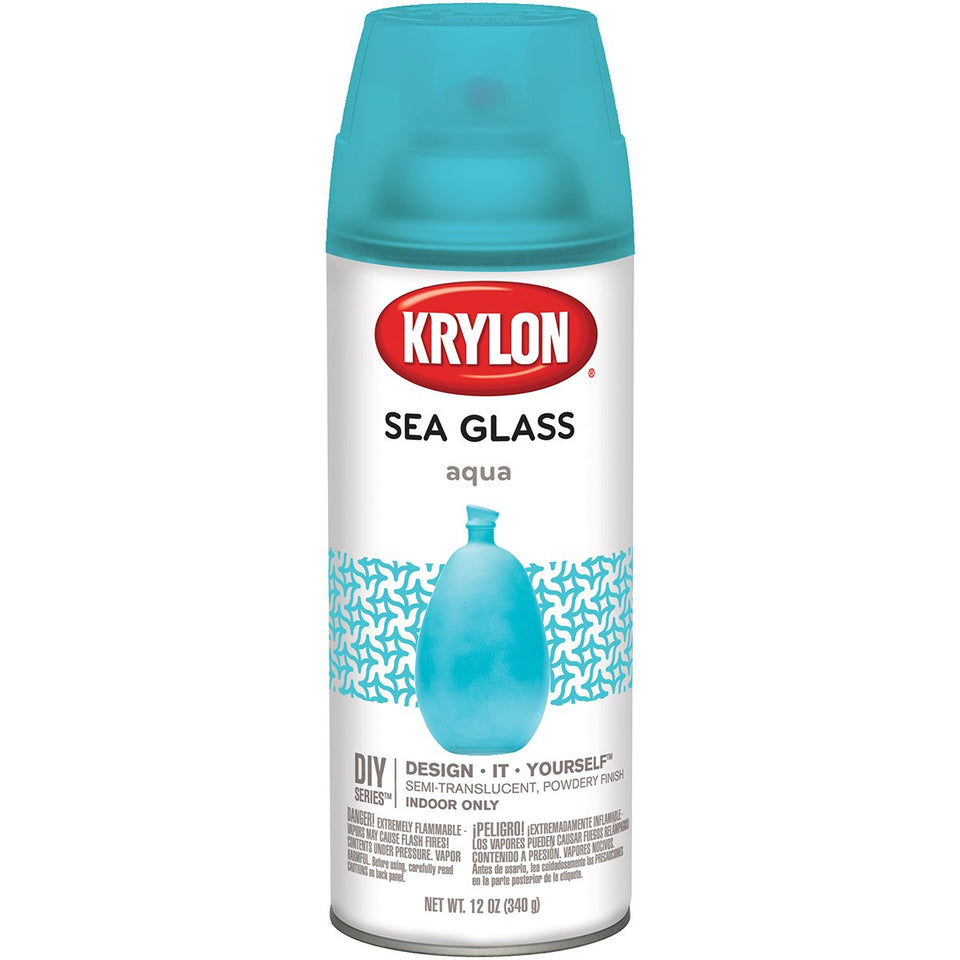 Krylon Sea Glass Aqua spray paint on glass for indoor decor.