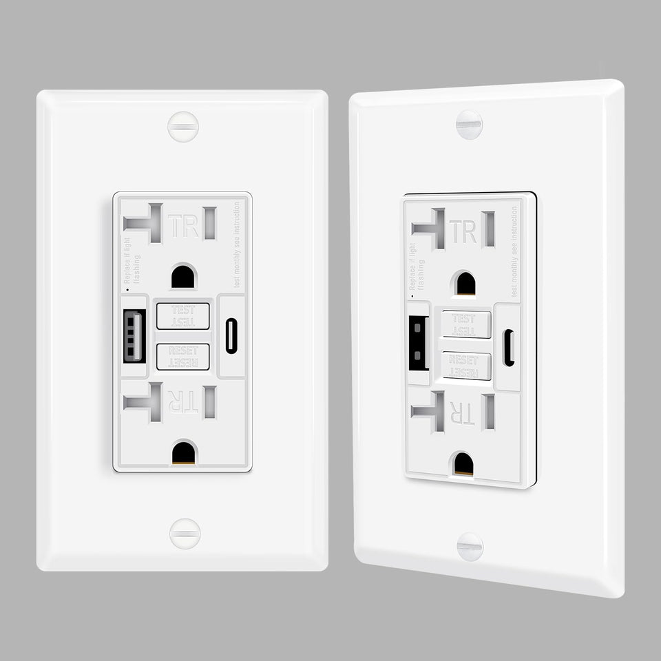 KRYNTO 20A GFCI outlet with USB Type-A and Type-C ports for charging.