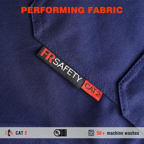 SKSAFETY 7oz FR shirt navy back view with CAT II certification and coverage