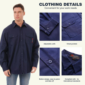 SKSAFETY 7oz FR shirt navy left sleeve view for electricians and welders