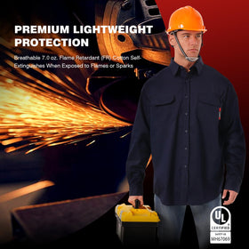SKSAFETY 7oz FR shirt navy right sleeve view for durability and protection