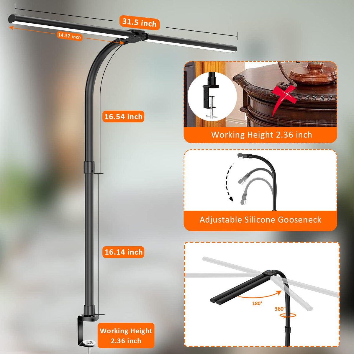 Ksunun 24W LED desk lamp with five color temps and five dimming levels