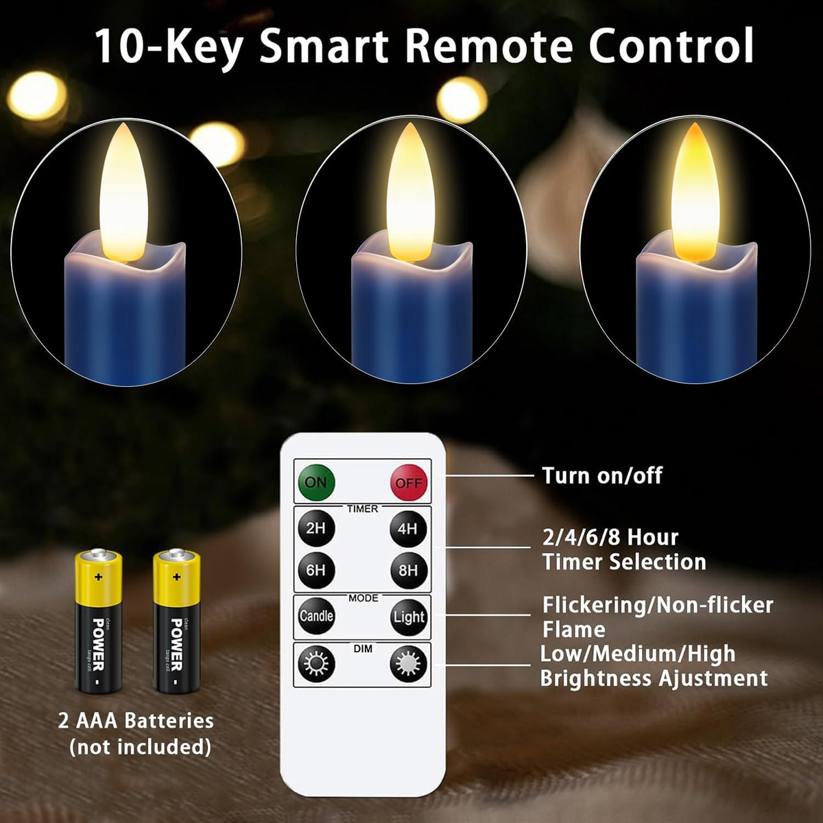 KSWING navy blue taper candle showing dimming levels for mood lighting