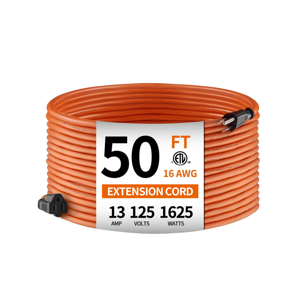 KTMC 50ft outdoor extension cord coiled for yard use and weather resistance